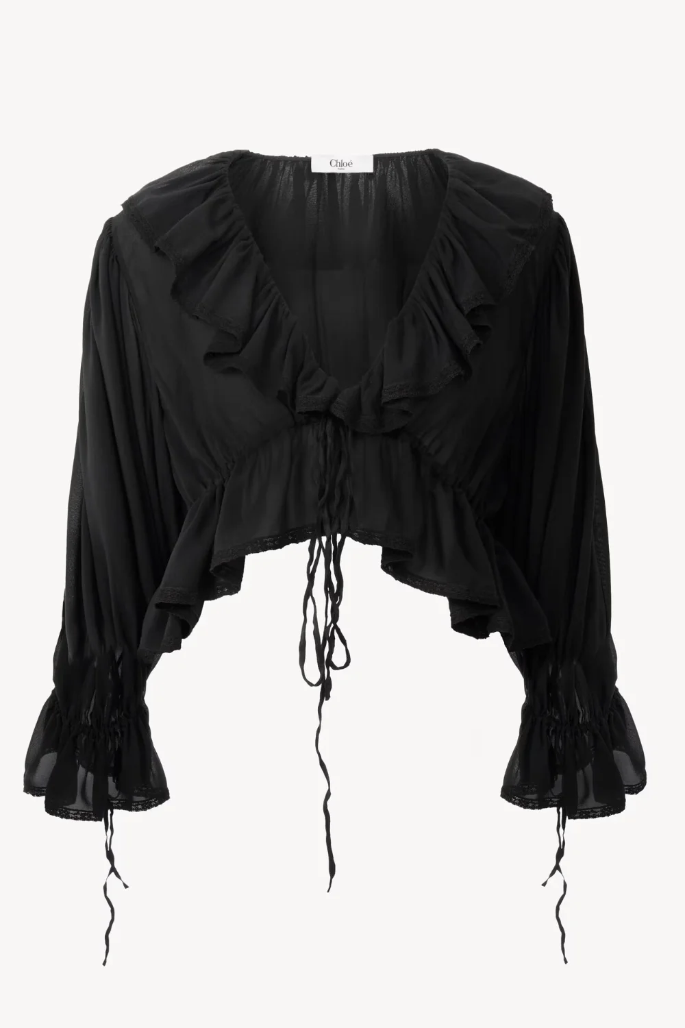 Cropped V-neck ruffle top in silk georgette & lace
