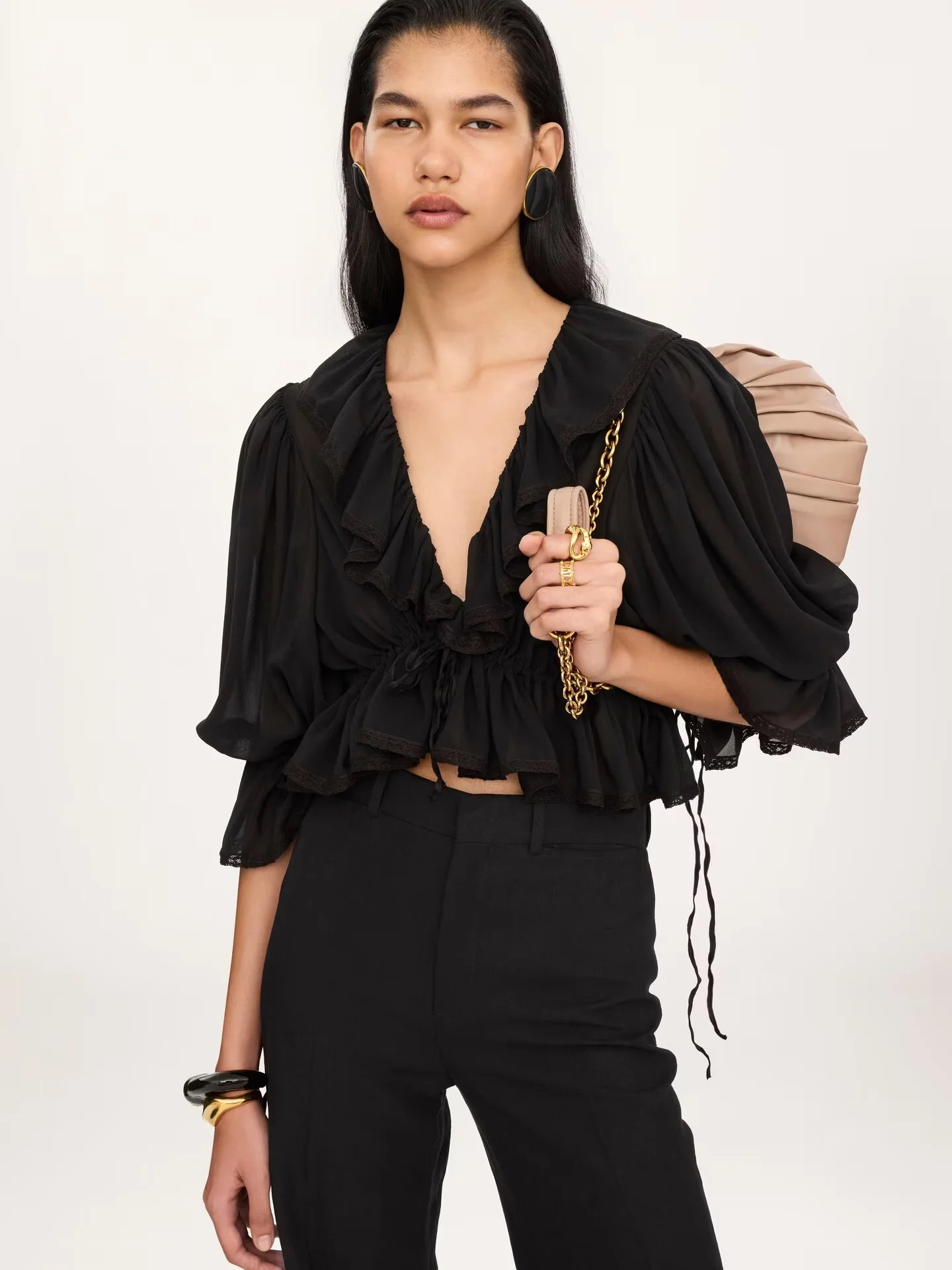 Cropped V-neck ruffle top in silk georgette & lace - Image 4