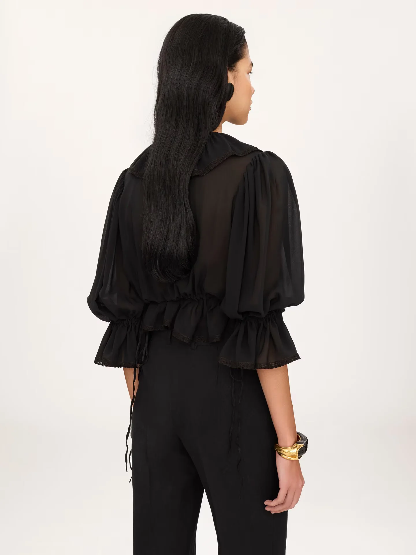 Cropped V-neck ruffle top in silk georgette & lace - Image 5