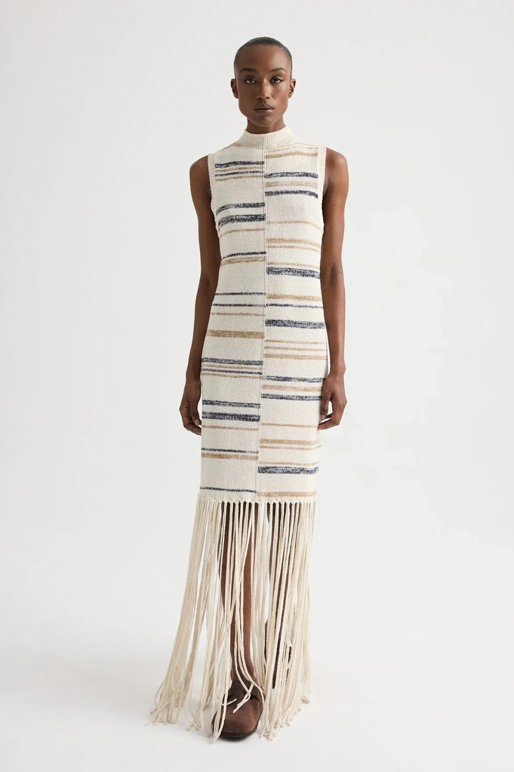 Fringe Sleeveless Dress in Linen Silk Yarn Ivory Multi
