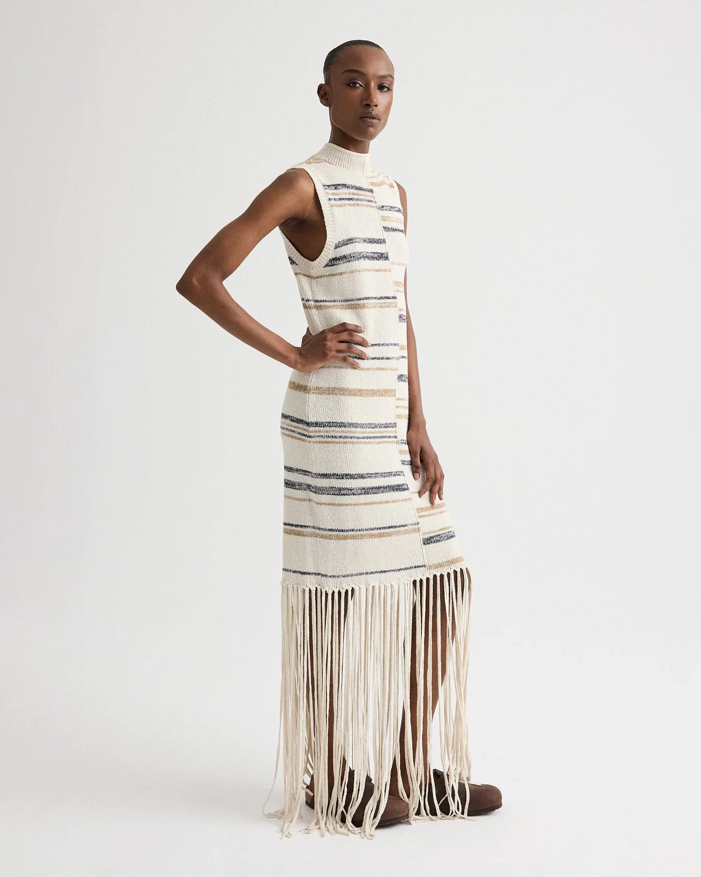 Fringe Sleeveless Dress in Linen Silk Yarn Ivory Multi - Image 3