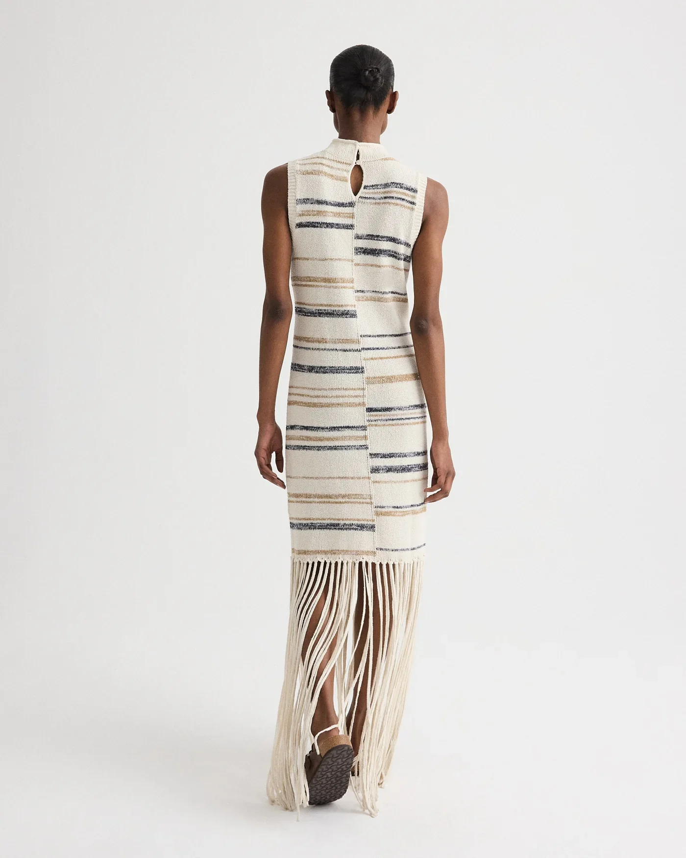 Fringe Sleeveless Dress in Linen Silk Yarn Ivory Multi - Image 5