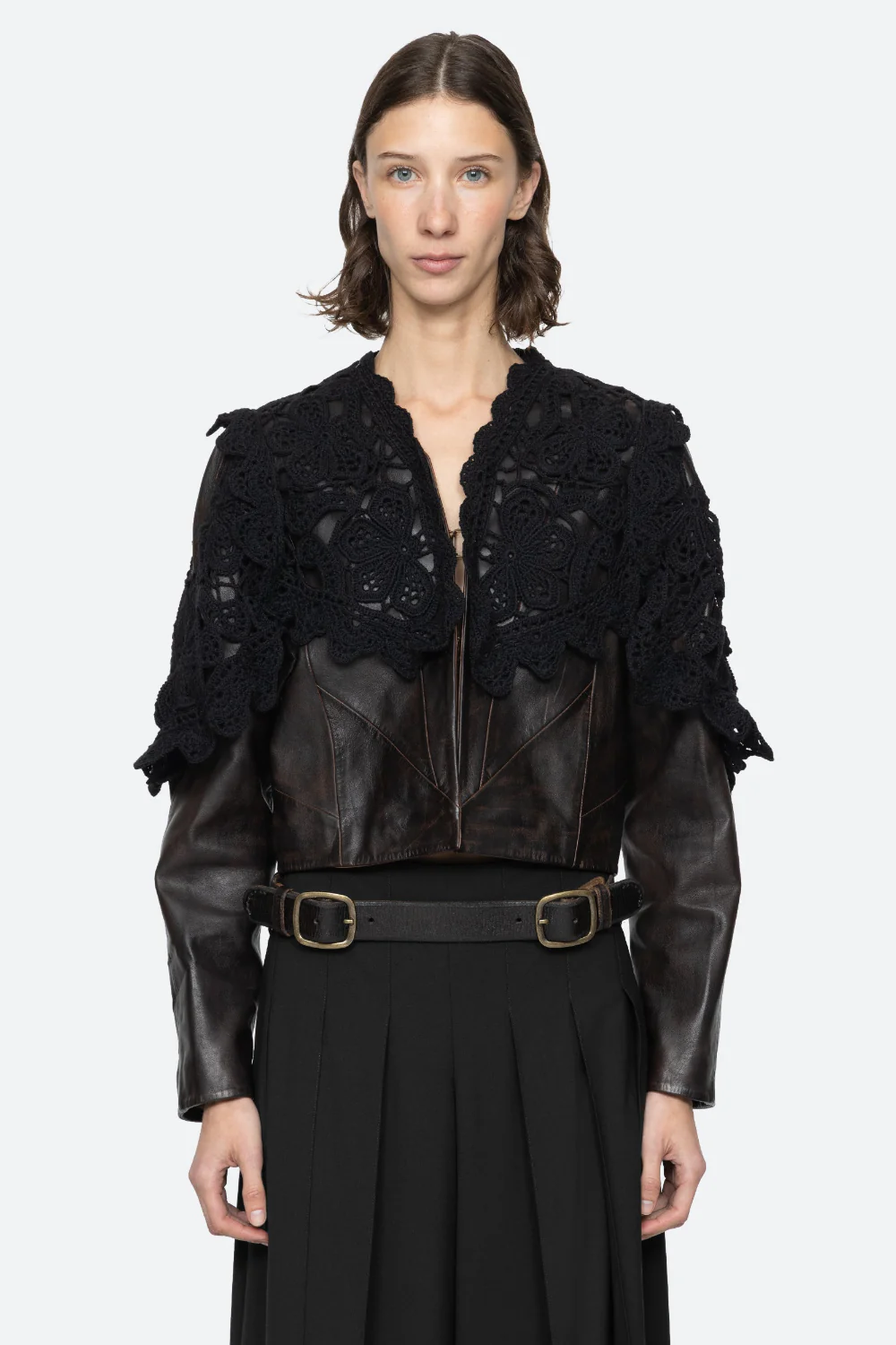 Gwen Leather Jacket Crochet Overlay