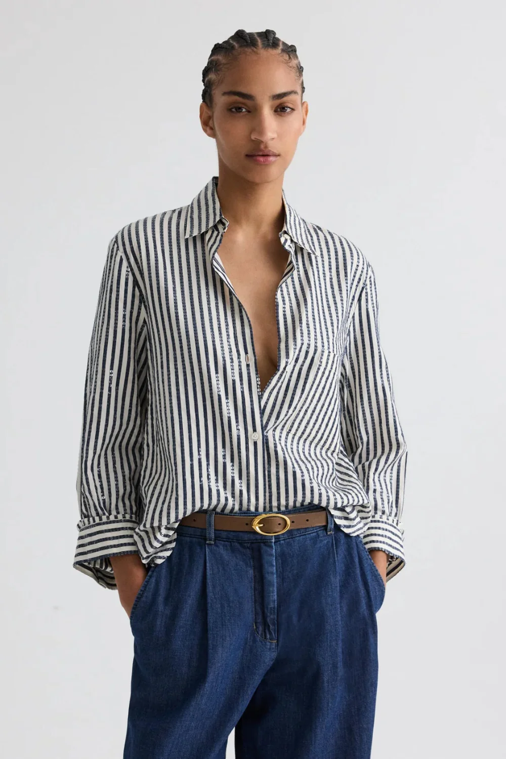 Next Morning Shirt in Clear sequin on stripe