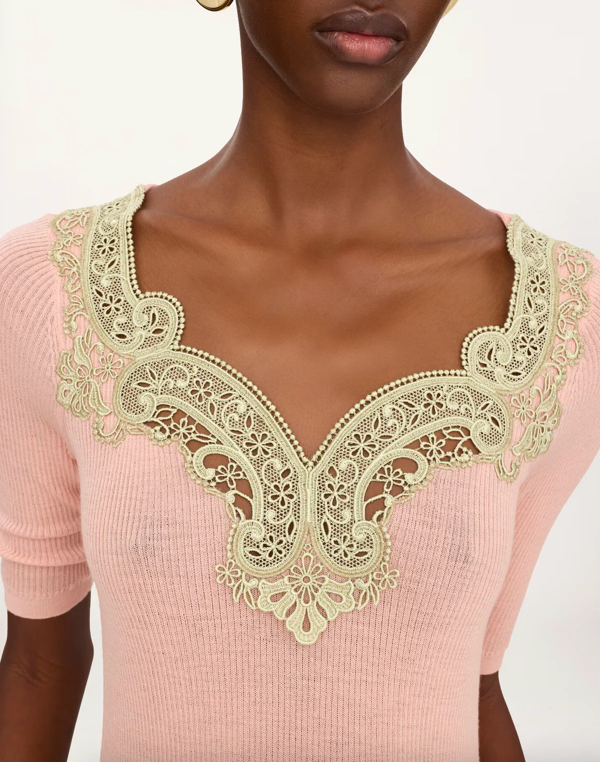Elbow-sleeve fitted sweater in a wool knit & lace - Image 2