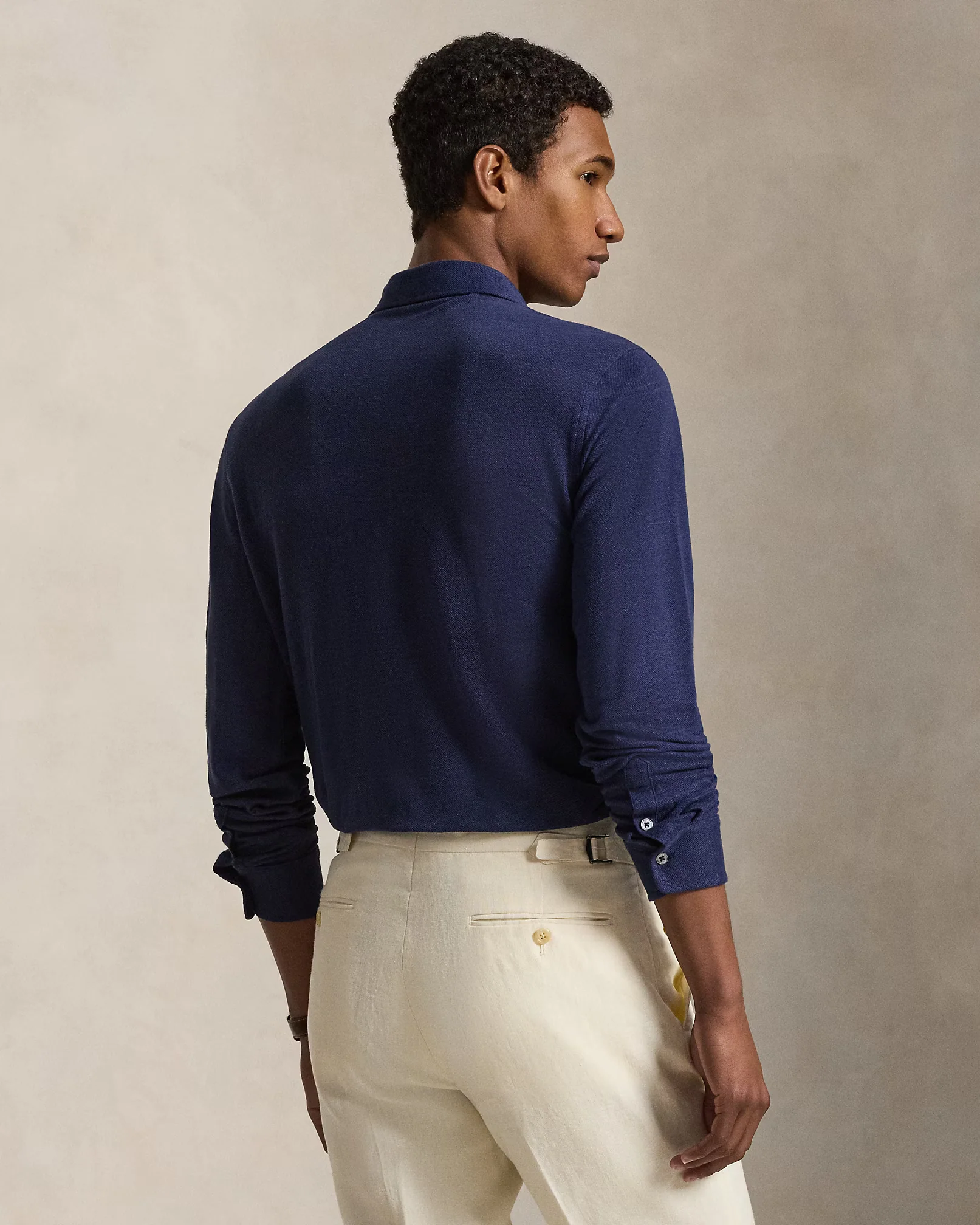 Linen Mesh Polo Shirt Navy - Image 3
