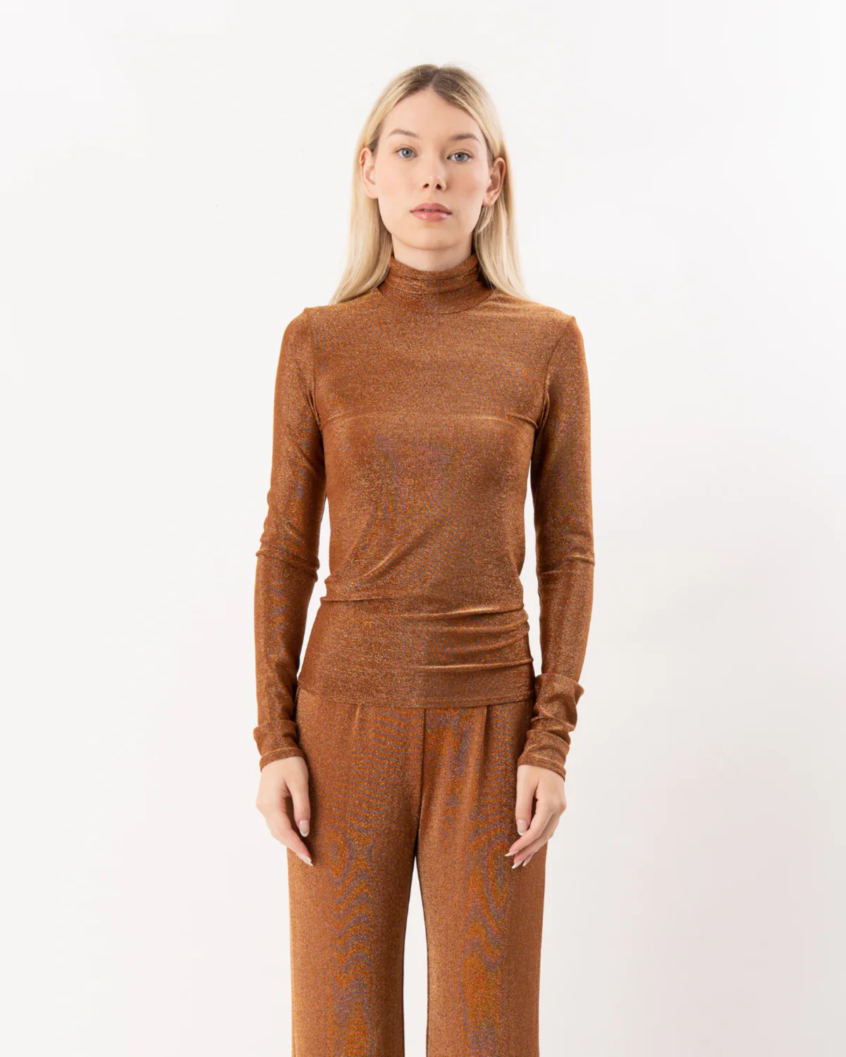 Lurex Jersey Turtleneck T-Shirt Bronze - Image 3