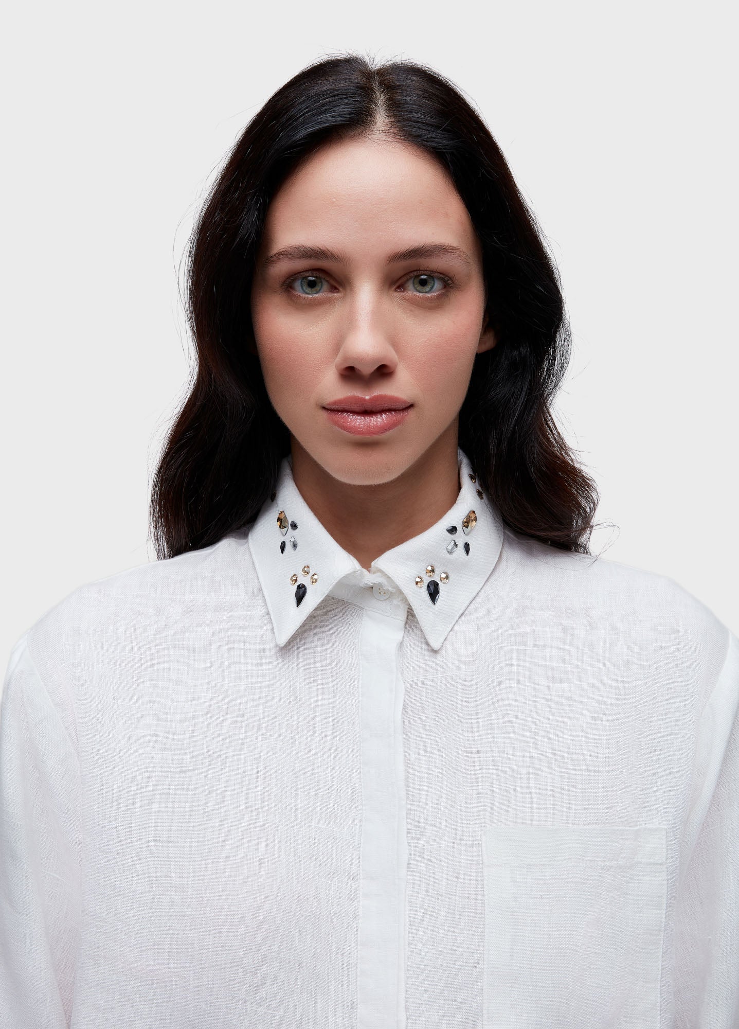 Cropped linen Crystals Long Sleeve Blouse - Image 3