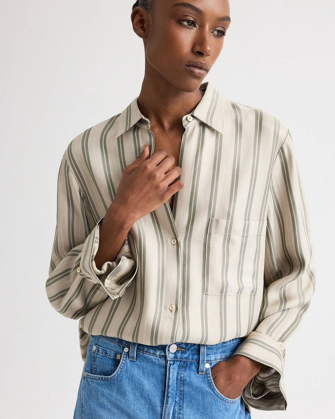 Next Morning Shirt in Fluid Regency Stripe Ivory/ Green - Image 5