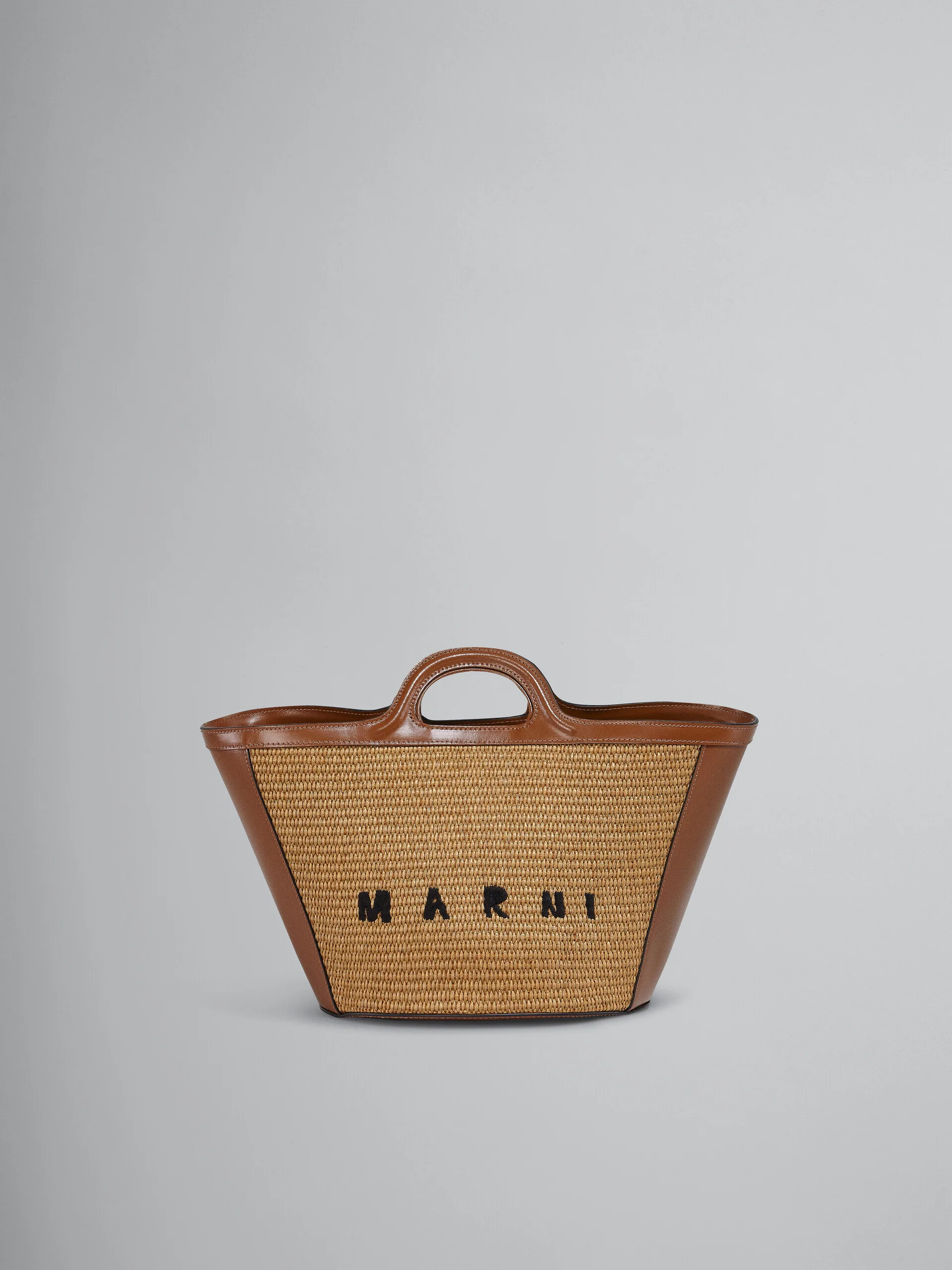 Tropicalia Small Bag in brown leather and raffia-effect fabric - Image 2