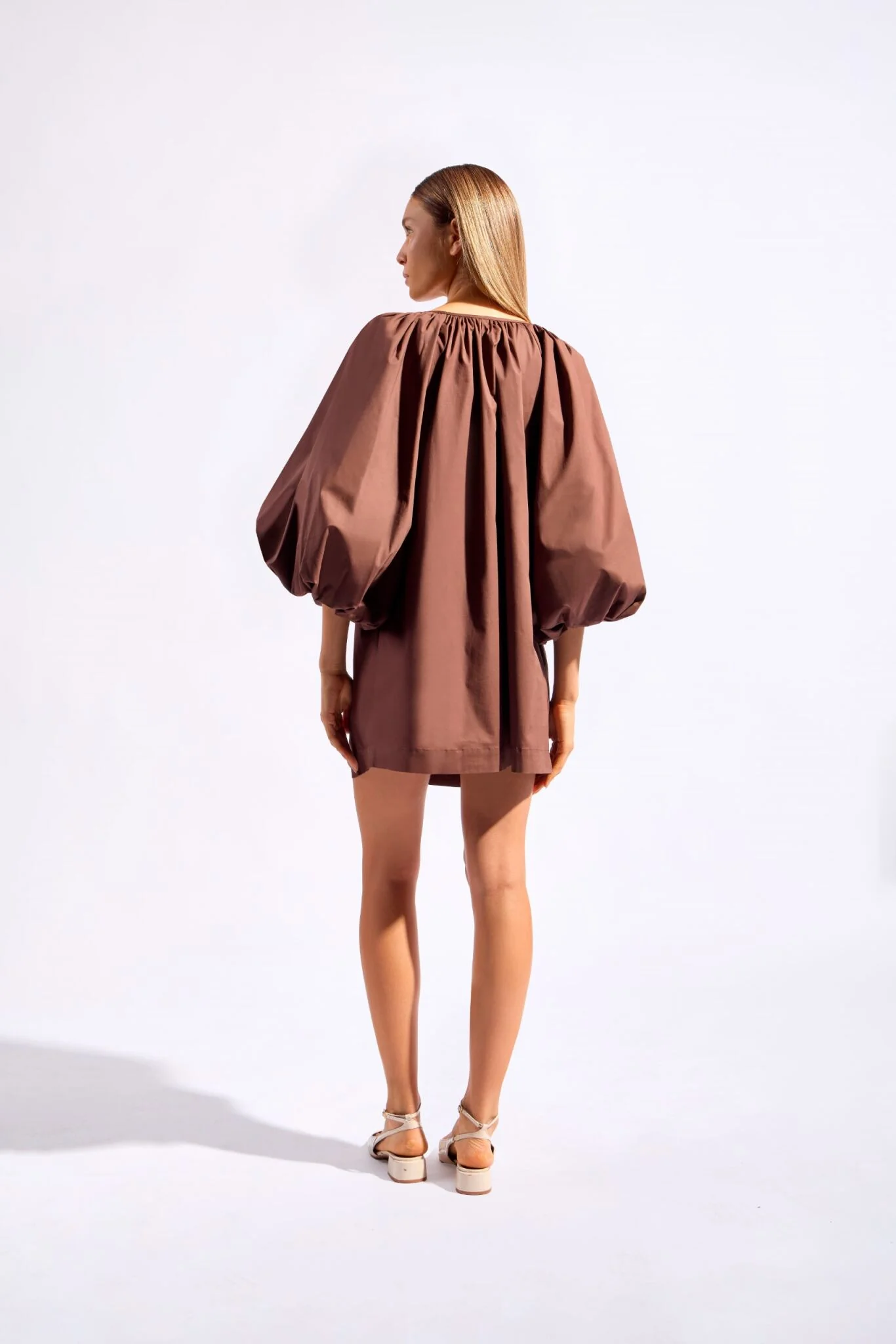 Solid Puff Sleeve Brown Mini Dress - Image 4