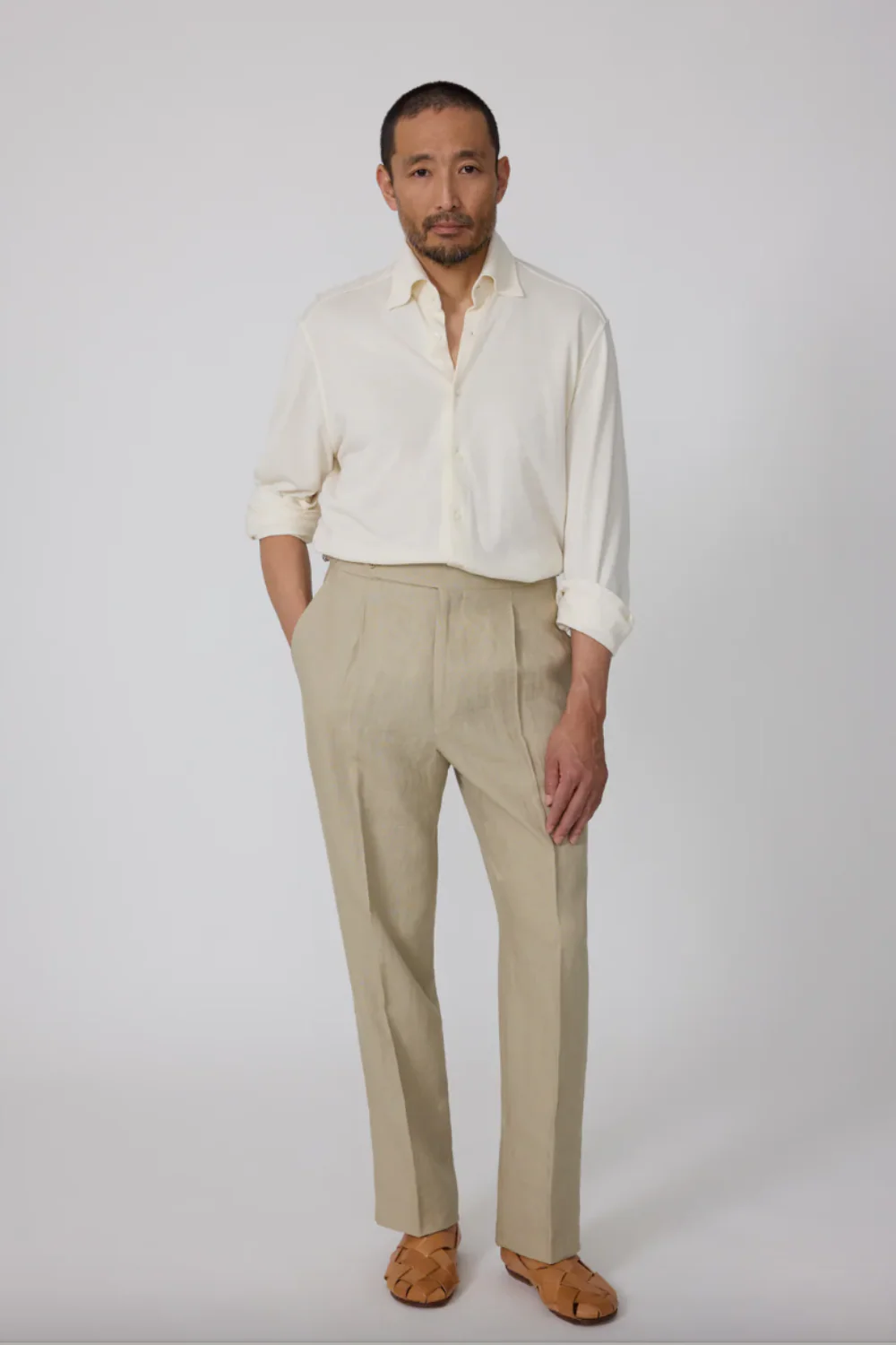 Spread Collar Silk Pique Shirt in Ivory (Final Sale)