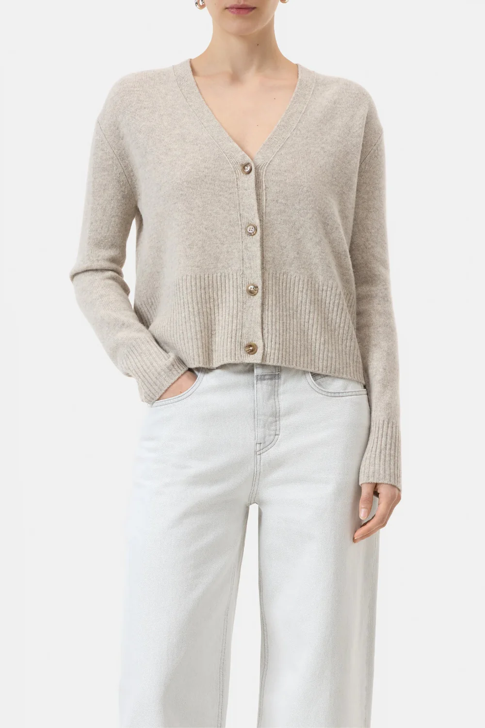 V Neck Cardigan Beige Mélange