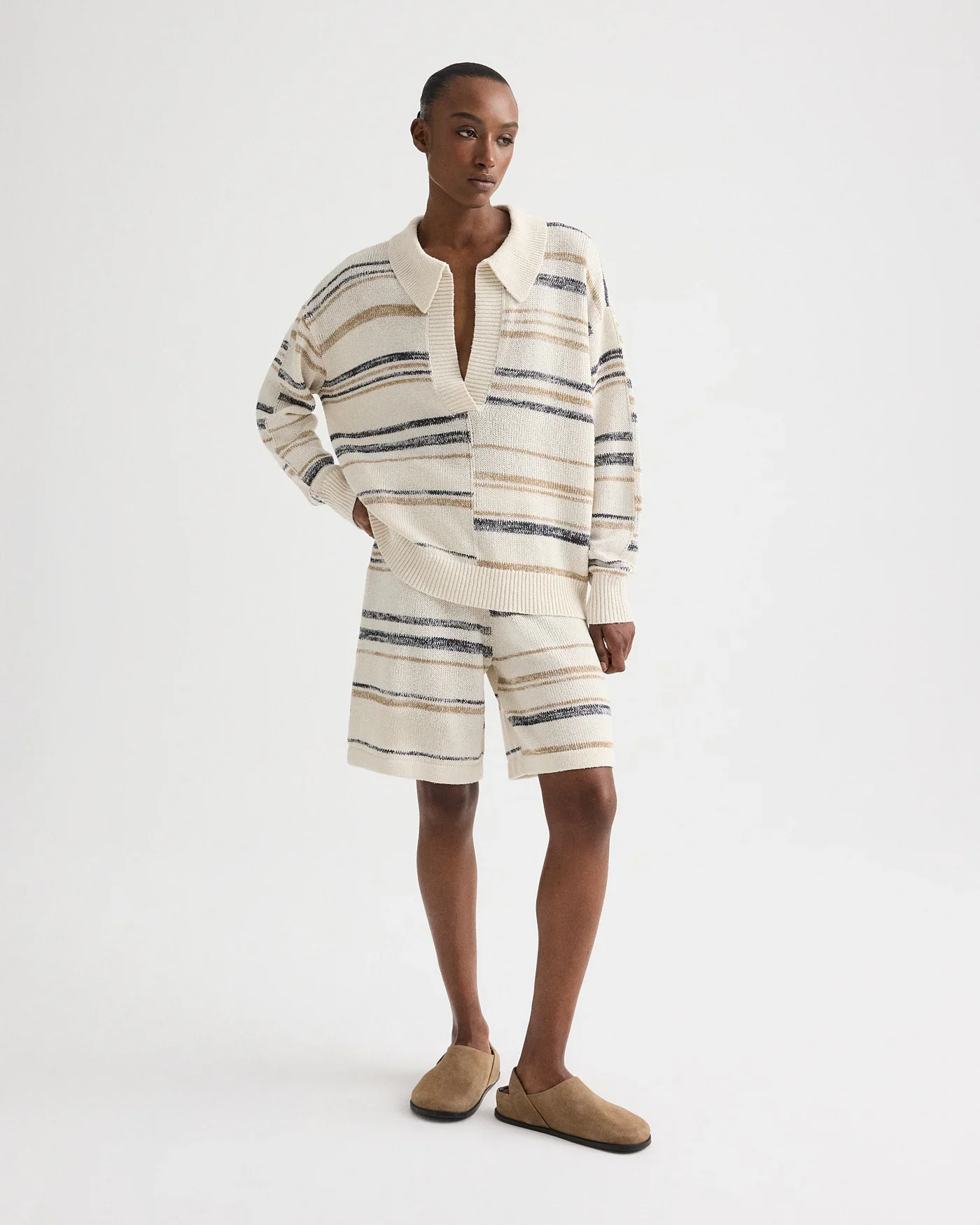 V Neck Long Sleeve Polo in Linen Silk Yarn Ivory Multi - Image 3