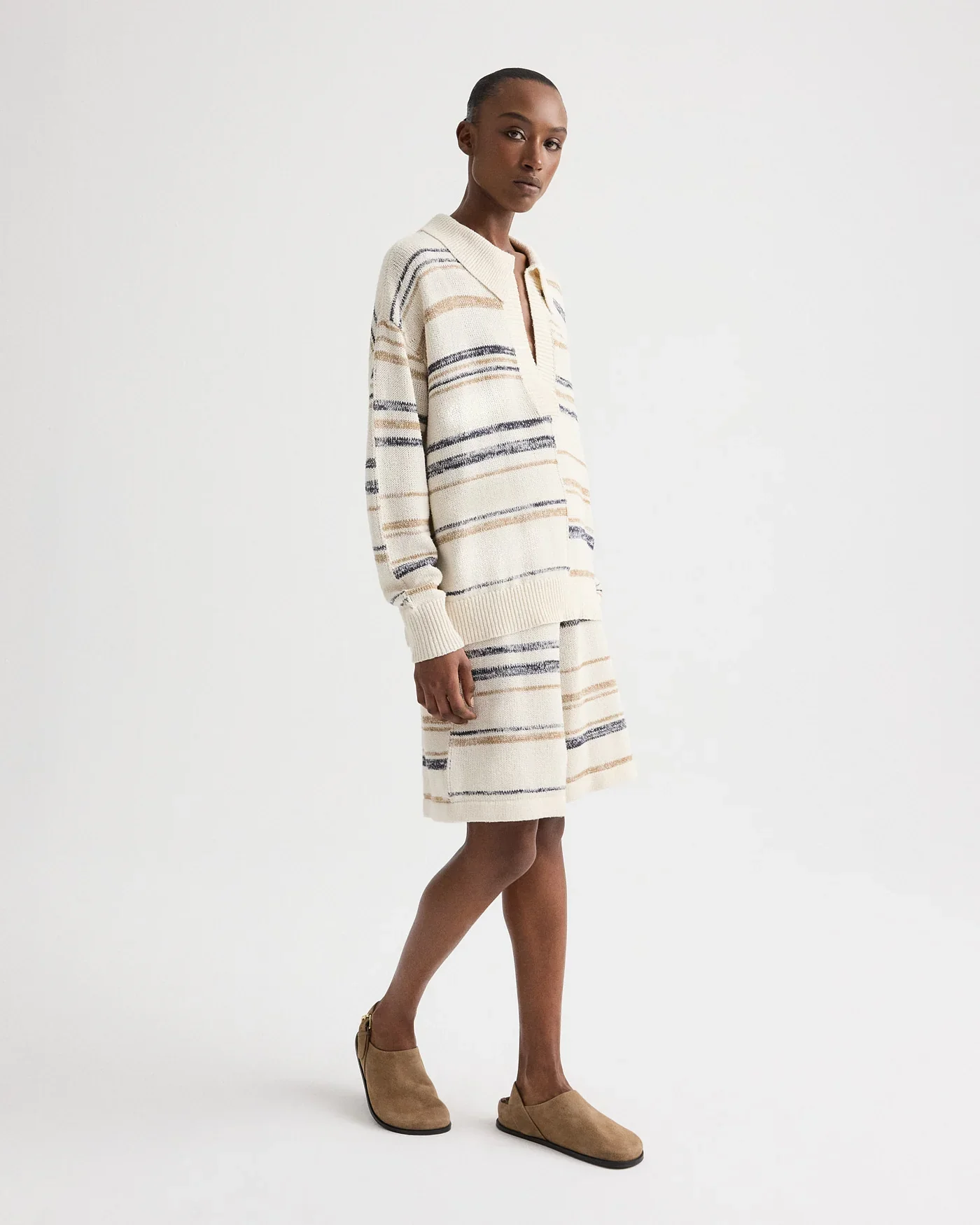 V Neck Long Sleeve Polo in Linen Silk Yarn Ivory Multi - Image 4