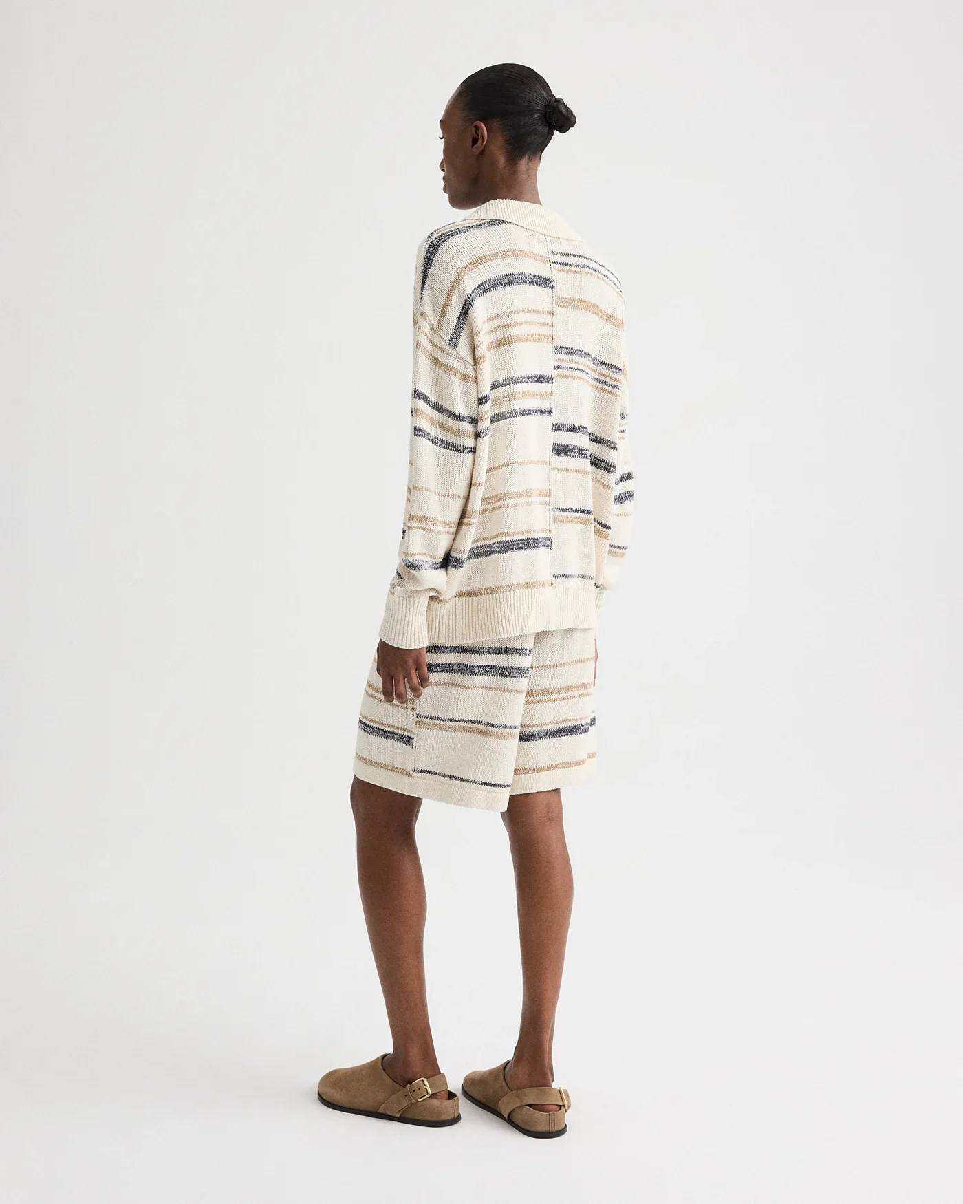 V Neck Long Sleeve Polo in Linen Silk Yarn Ivory Multi - Image 6