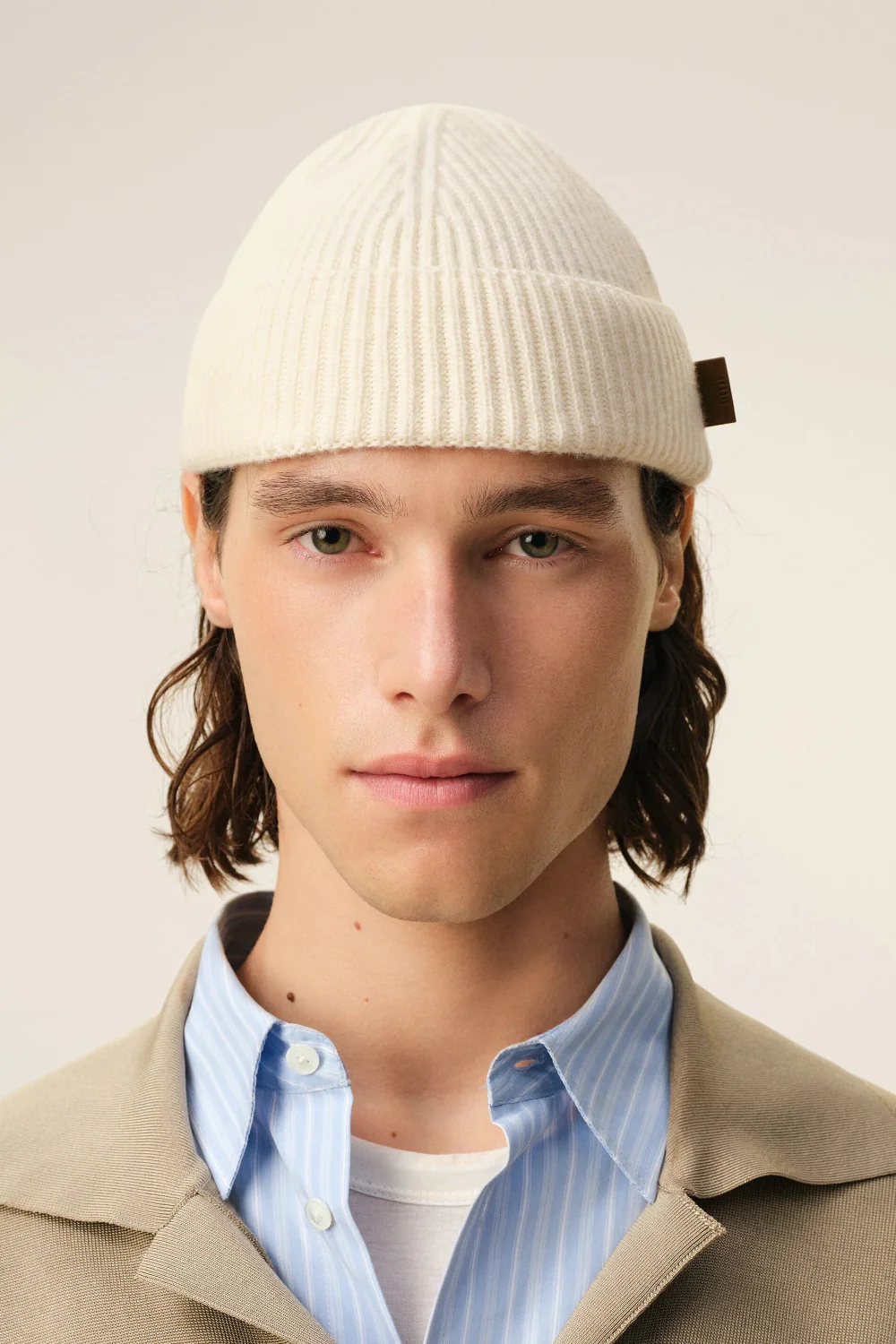 White Wool Ami Leather Label Beanie - Image 2